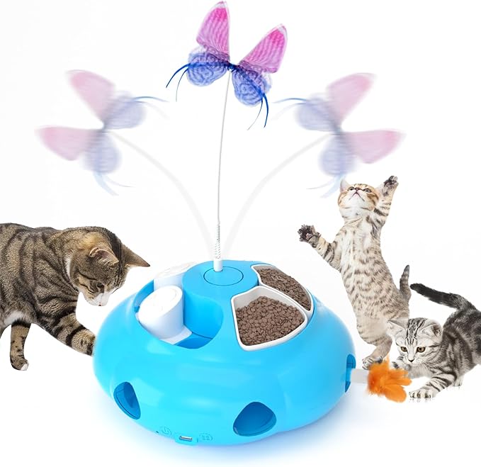 Interactive Cat Toys for Indoor Cats, 4in1 Pet Teaser Toy with Ambush Feather Wand, Motorized Fluttering Butterfly and Slow Feeder, Rechargeable Power Treat Puzzle Toy(Blue)-Mewly Pet