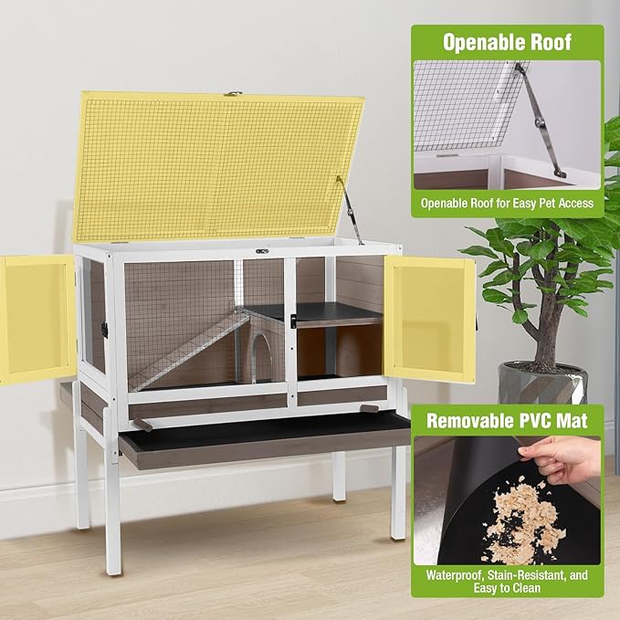 GUTINNEEN Indoor Rabbit Hutch Guinea Pig Cages with Chew-Proof Ramp, 2-Story Wooden Bunny House with Pull-Out Tray & Leakproof PVC Layer, Small Animal Cage with Detachable Legs-Mewly Pet