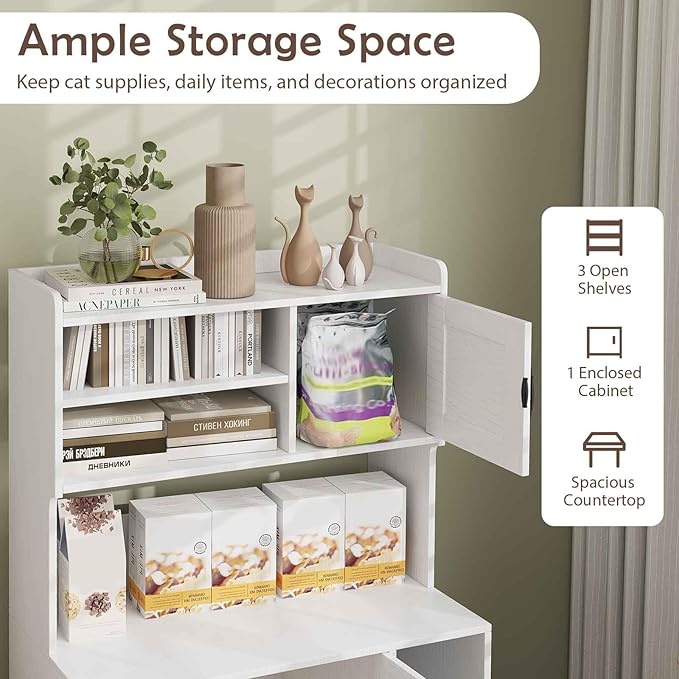 PETSITE Cat Litter Box Enclosure with Storage Shelf, 52 Inches Tall Modern Wooden Hidden Litter Box Furniture with Storage Shelving, Ideal for Indoor Cats (White)-Mewly Pet