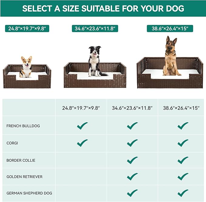 YITAHOME Rattan Dog Sofa Bed with Cushion,Wicker Pet Bed Sofa Couch Indoor Outdoor Waterproof for Large Medium Small Dogs Cats (38.6''L*26.4''W*15''H,Beige)-Mewly Pet