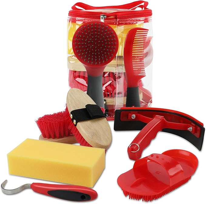 9 Pieces Grooming Kit with Tote Bag - Brush Set, Sweat Scraper, Sponge, Hoof Pick, Curry Comb for Horse Riders and Beginners (Red)-Mewly Pet