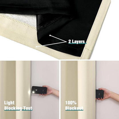 ChrisDowa 100% Blackout Curtains 54 inch Long for Bedroom with Black Liner, 2 Thick Layers Total Blackout Thermal Insulated Grommet Window Curtains 2 Panels Set (Light Beige, 42 x 54 Inch)