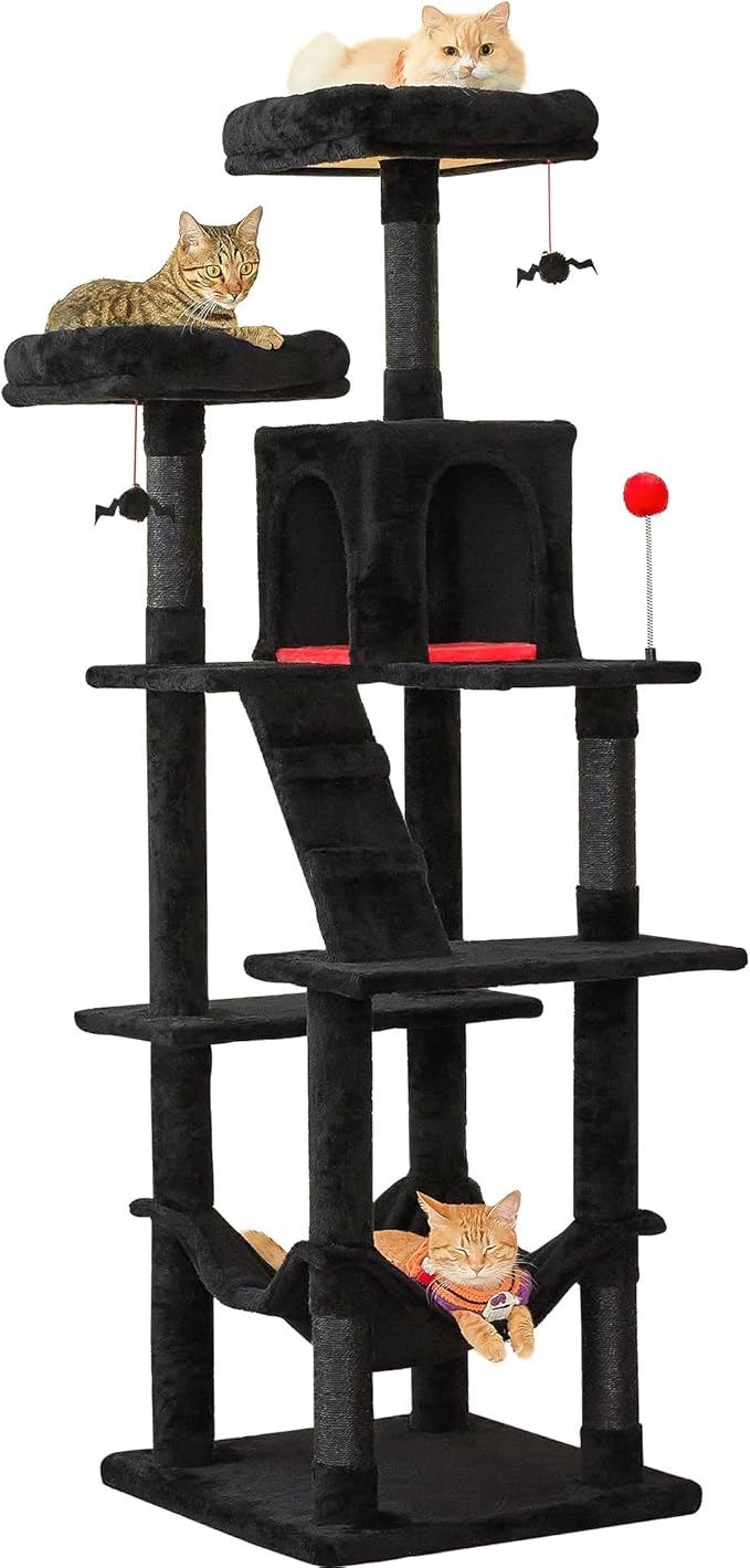 MWPO Gothic Large Cat Tree, 70.1-Inch Multi-Level Tall Cat Tower for Indoor Cats, Plush Cat Condo with Big Padded Perches, Sisal-Covered Scratching Posts, Hammock, Toys for Kittens & Cats, Black-Mewly Pet