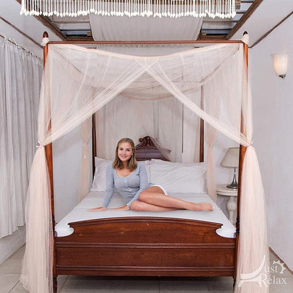 Just Relax Four Corner Post Decorative Elegant Bed Net Canopy Set, Beige, Full/Queen/King, 86.6x78.7x98.4 Inches