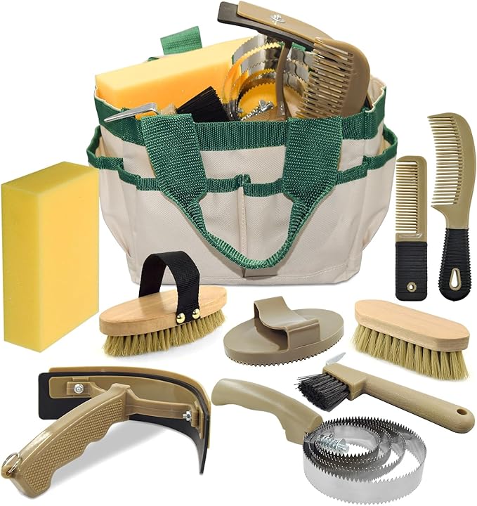 9 Pieces Horse Grooming Kit, Tack Room Supplies Set with Tote Bag, Horse Brush Set for Effective Cleaning and Bathing, Professional Equine Coat Care Kit for Horse Riders Beginner-Mewly Pet