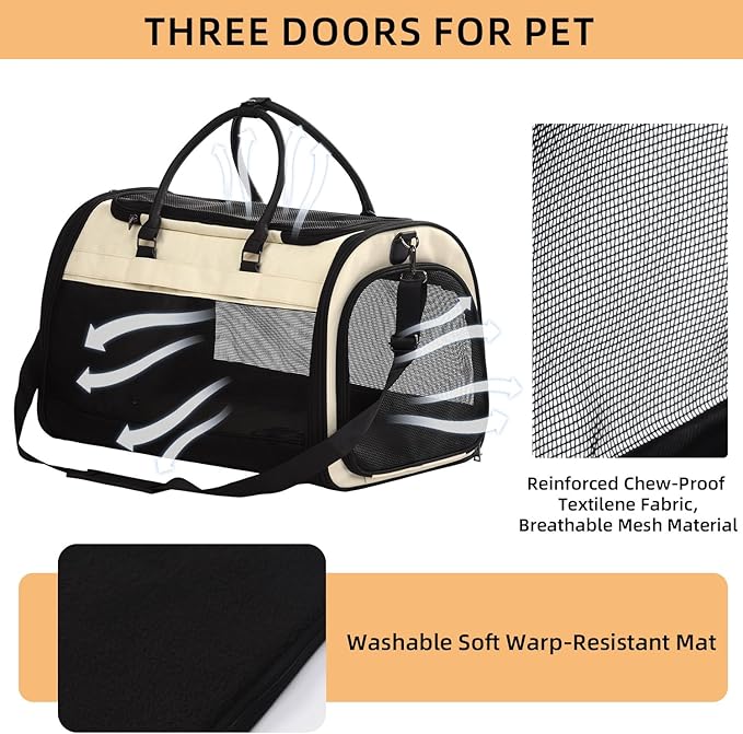 PET MARVEL Cat Carrier Soft Sided Large for Pet Dogs up to 25 Lbs, Airline Approved Mesh Pet Travel Bag, Breathable Bite-Resistant Fabric with Removable Washable Mat-Mewly Pet