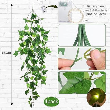 RECUTMS Hanging Fake Plants 4 Pack Artificial Vines Silk Ivy Greenery Garland with 30 LED Fairy String Lights Indoor and Outdoor Home Garden Hotel Green Leaves Wedding Bedroom Office Decoration