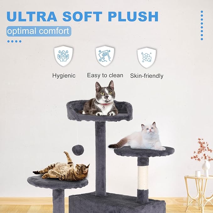 FDW Cat Tree 54in Cat Tower Multi-Level Durable Cat Scratching Post & Cozy Fun Cat Jumping Platform Space Saving Cat Condo Pet Play House for Indoor Cats,Ashy-Mewly Pet