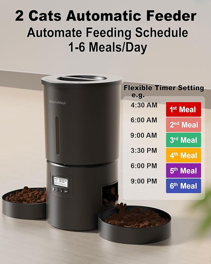 Automatic Dual Cats Feeder for 2 Cats,6 Meals/Day,12 Portions/Meal,Dual Power Auto Pet Feeder Dry Food Dispenser,Flexible Schedule Timer 10S Voice Record (Black, ABS Dual Bowls)-Mewly Pet