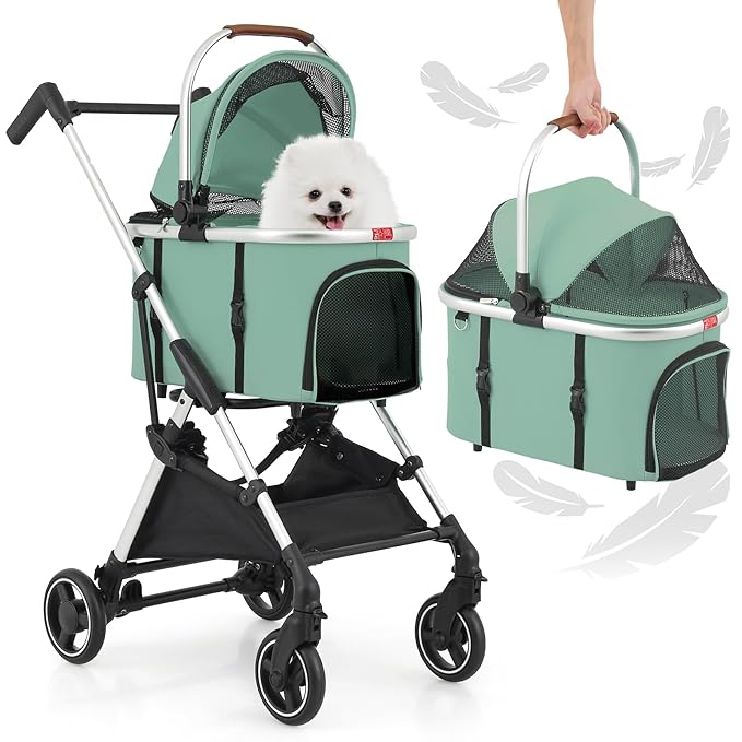 MoNiBloom Pet Stroller for Small/Medium Dogs w/Detachable Carrier & Lightweight Aluminum Frame, Folding Jogging Travel Stroller, Mint Green-Mewly Pet