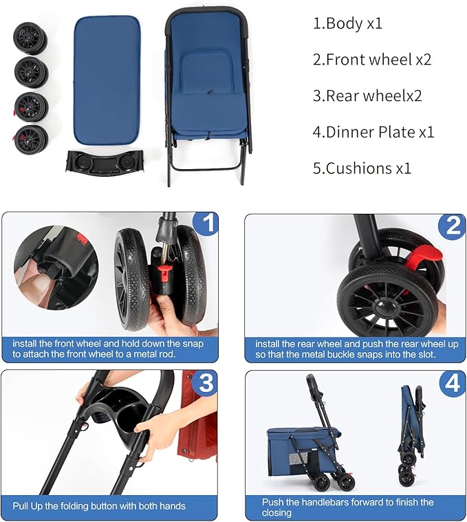 Pet Stroller Cat Dog Stroller Travel Folding Pet Carriers（Blue）-Mewly Pet