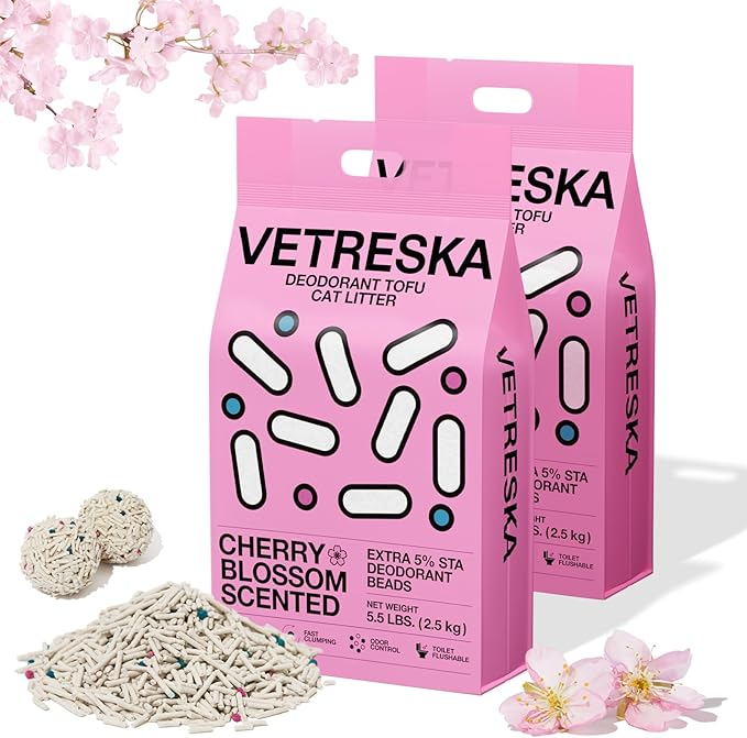 VETRESKA Cherry Blossom Tofu Cat Litter,Natural Kitty Litter Strong Clumping Flushable Cat Litter Pellets Ultra Absorbent,Dust-Free,Low Tracking,Deodorant Tofu Litter Compostable(5.5lb×2bags)-Mewly Pet