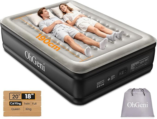 OhGeni Cal King Air Mattress with Built in Pump, 18" Tall Inflatable Blow Up Bed, Luxury Comfort for People(190CM Height), Keep Feet from Dangling, Foldable & Portable Colchon inflables, Black