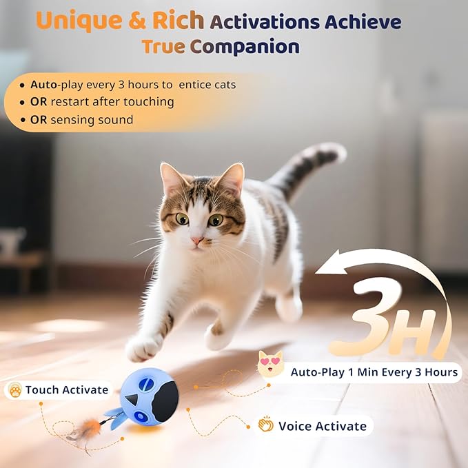 ORSDA Cat Toys, Interactive Cat Toy for Indoor Cats, Automatic Moving Ball Bird for Indoor Adult Cats Kitten Toys All Breeds, Fast Rolling Motion Activated Chirping Stimulating Light, 2 Feather Refill-Mewly Pet
