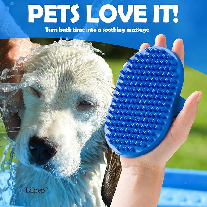 Lilpep Dog Bath Brush, Rubber Pet Shampoo Brush with Silicone Bristles for Massaging Grooming, Removing Short Haired Dogs Cats Shedding, Tangles and Dead Undercoat (Blue, plum brush)-Mewly Pet