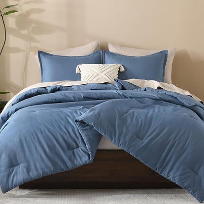 Litanika Haze Blue Comforter Set Queen Size, 3 Pieces Lightweight Solid Bedding Comforter Set, All Season Fluffy Bed Set (90x90In Comforter & 2 Pillowcases)