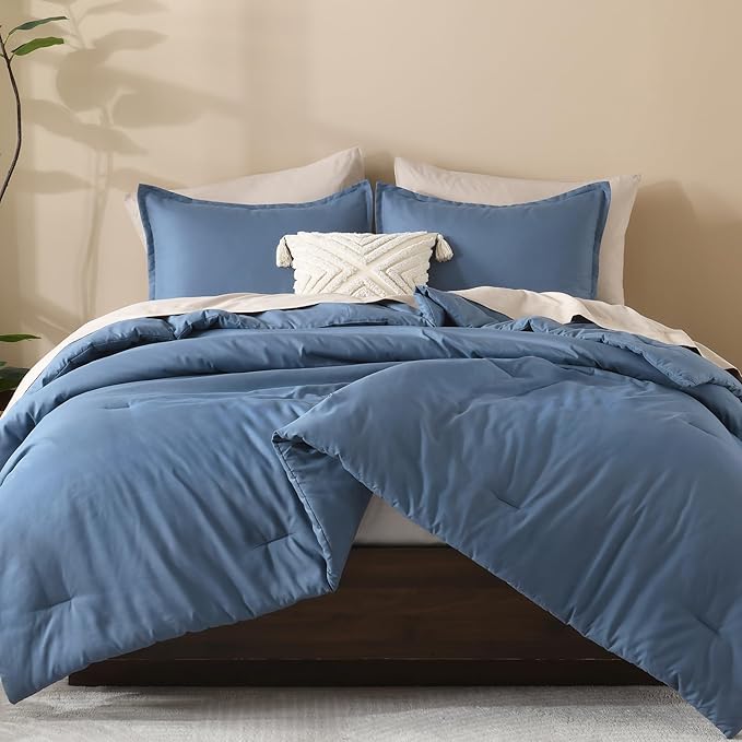 Litanika Haze Blue Oversized King Comforters Super King Size, 3 Pieces Lightweight Solid Bedding Comforter Set, All Season Fluffy Bed Set (120x120In Comforter & 2 Pillowcases)