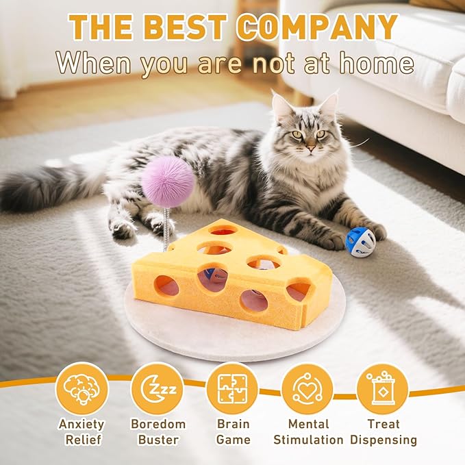 Interactive Cat Puzzle Toy for Indoor Cats & Kittens - Fun Track Balls & Spring Teaser in Stimulating Felt Puzzle Box (Yellow) - Mental Enrichment Game-Mewly Pet