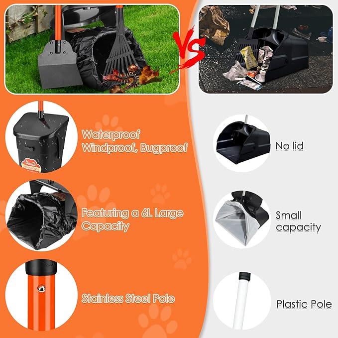 Lukovee Dog Pooper Scooper, 37.4" Long Adjustable Metal Handle Swivel Bin & Rake & Spade Kit with 20 Poop Bags, Portable Dog Non-Breakable Poop Scooper for Gravel Yard Lawn Grass, Orange-Mewly Pet