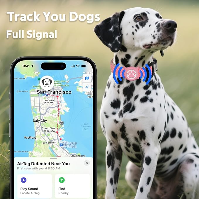 Dog Collar with Waterproof AirTag Holder & Anti-Lost QR Code, Cute Bling Warpping Adjustable Width for Small Medium Large Pet (Red, M)-Mewly Pet