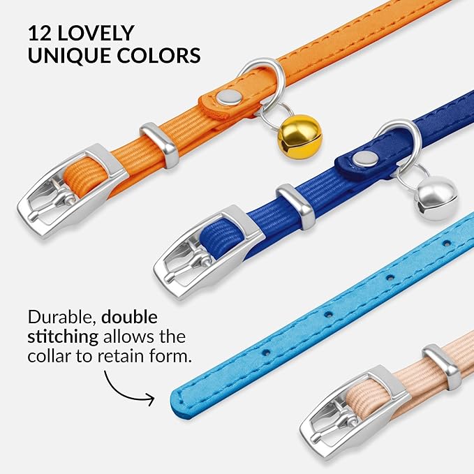 CollarDirect Leather Cat Collar with Bell - Kitten Collar, Small and Big Cat for Boy Cats, Girl Cats with Safety Elastic Strap (Neck Fit 6"-7", Light Blue)-Mewly Pet