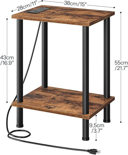 HOOBRO Side Table with Charging Station, End Table with USB Port and Outlet, Nightstand with 2-Layer Storage Shelves for Small Spaces, Living Room, Bedroom, Stable Frame, Rustic Brown BF09UBZ01
