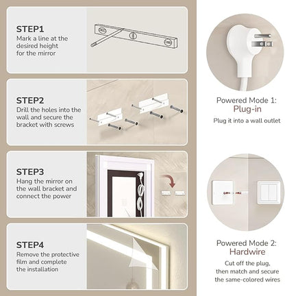 USHOWER LED Bathroom Mirror 48x32 Inch with Lights - Frameless Tempered Glass LED Backlit Lighted Mirror for Bathroom Vanity with Anti-Fog, 3 Colors Dimmable, Memory Function, Wall-Mounted