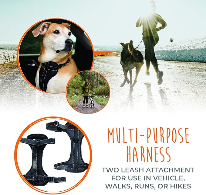 Mighty Paw Dog Car Harness - Vehicle Safety Gear - 2 Leash Attachment - Adjustable Straps - Reflective Stitching - Soft Padding - Standard Harness Functionality - No Pull Front Leash Attachment - L-Mewly Pet