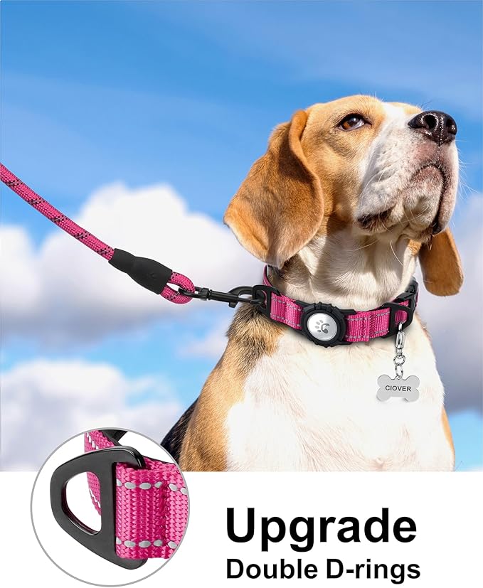 TagME Airtag Dog Collar,Waterproof Reflective Pet Collar with Airtag Holder,Soft Padded and Double D-Rings for Medium Dogs,Hot Pink-Mewly Pet