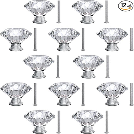 Tomorotec 12-Pack 30mm Crystal Clear Glass Silver Base Cabinet Drawer Pulls, Diamond Shape Cupboard Knobs with Screws for Kitchen, Dresser, Cupboard, Bathroom, Wardrobe (1.2 inch/30mm)