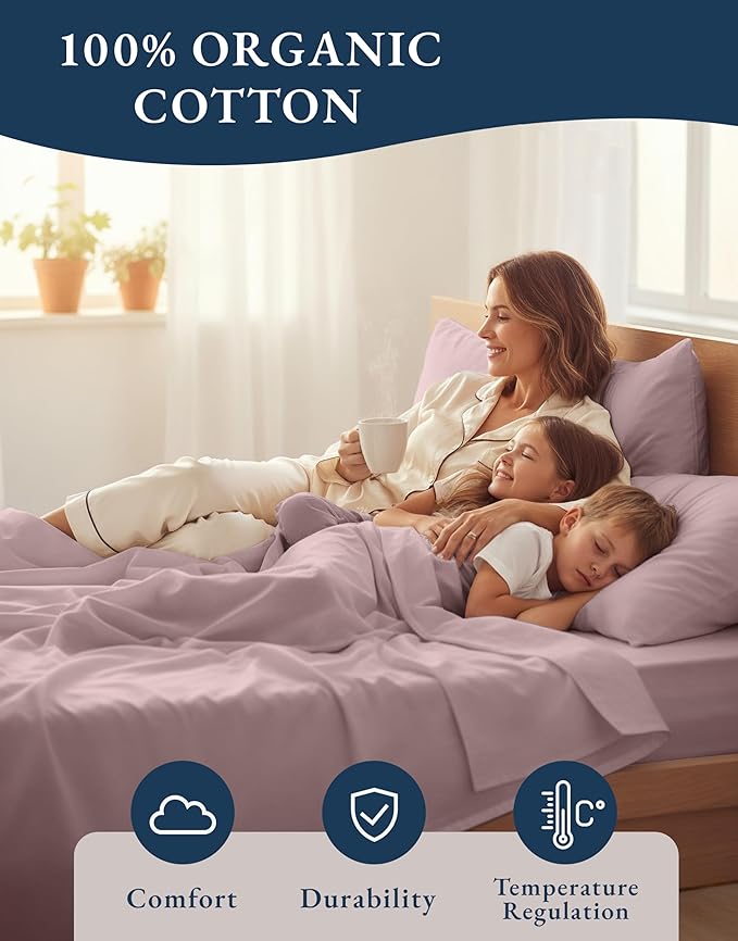 LANE LINEN Sustainable 100% Organic Cotton Twin Size Bed Sheets, Soft & Comfy Mercerized Fully Elasticized Naturally Cooling Machine Washable Twin Sheet Sets Cotton- Lilac