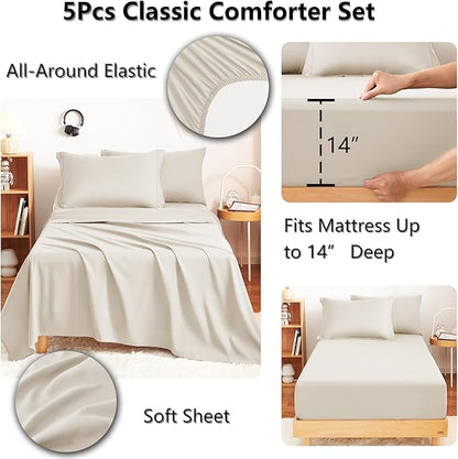 CozyLux Twin Comforter Set with Sheets Beige - 5 Pieces Bed in a Bag Twin, All Season Bed Set for Girls and Boys, Bedding Set with Down Alternative Comforter, Sheets, Pillowcase & Sham