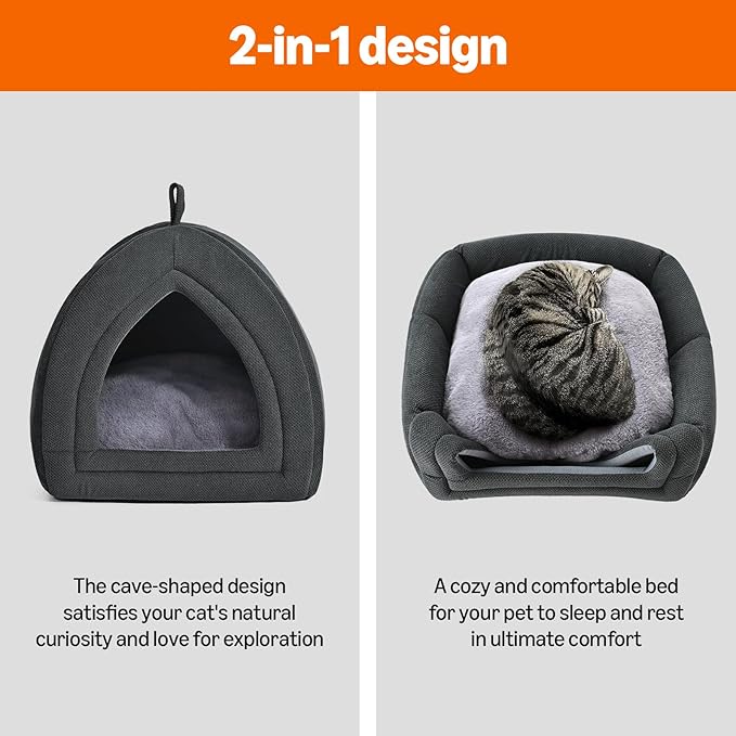 Amazon Basics Cat Cave Bed, 2-in-1 Foldable House for Indoor Cats, with Washable Cushion and Non-Slip Base, 17.5 x 17.5 Inches, Large-Mewly Pet