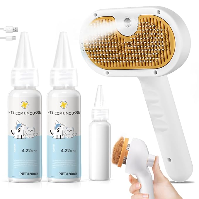 Cat Steam Brush, Pet Steam Brush for Cat & Dog, Mist Spray Comb, Spritz Defur Tool, Water Grooming Kit, Dog Hair Removal Steam Cleaner with Release Button-Contains 2*shampoo-Mewly Pet