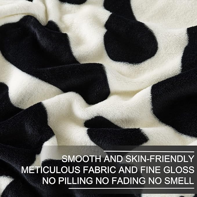 Fleece Cow Print Blanket - Premium Lightweight Anti-Static Bed Cow Throws Soft Cozy Warm Blankets Plush Gift, Bedroom Decor 66" x 90"(Black Cow Twin)