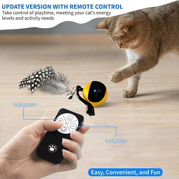 Interactive Cat Ball Toy with Remote Control, Automatic Moving Cat Toys Ball with Feather Tail, Electric Puzzle Toy for Chasing and Hunting (Yellow)-Mewly Pet