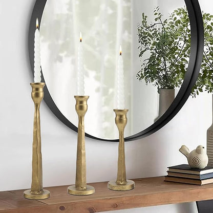 Heavy Duty Cast Iron Antique Brass Gold Candlestick Holders Set of 3,Tall Taper Candle Holders,Table Vintage Decor Centerpiece Candle Holders for Fireplace Party Dining Home