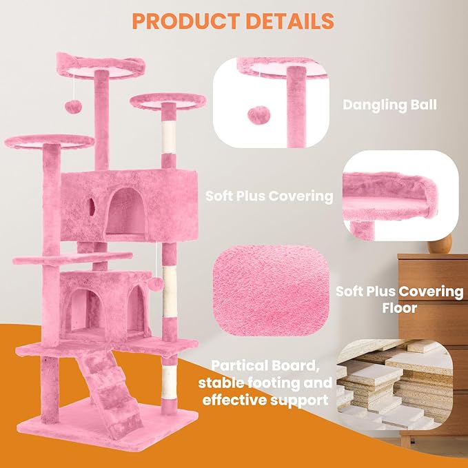 54.7 inches Cat Tower for Indoor Cats, Multi-Level Cat Condos with Scratching Posts, Hanging Toys, Pink-Mewly Pet