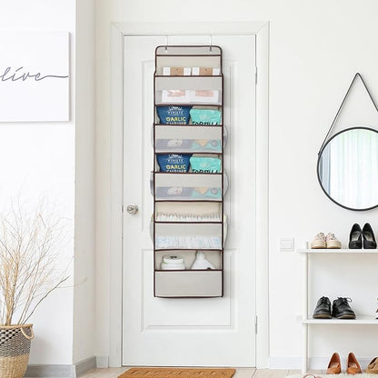 Univivi 1 Pack Over The Door Organizer, Non-Tilting Over The Door Organizer Hanging Door Storage With 5 Large Compartments 6 Side Pockets for Nursery Storage (Beige)