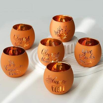 WDHODEC Thanksgiving Candle Holders 6 Pieces Orange Pumpkin Glass Votive Candle Holder for Fall Wedding, Party, Table Centerpiece Décor Thanksgiving Decorations Indoor and Outdoor