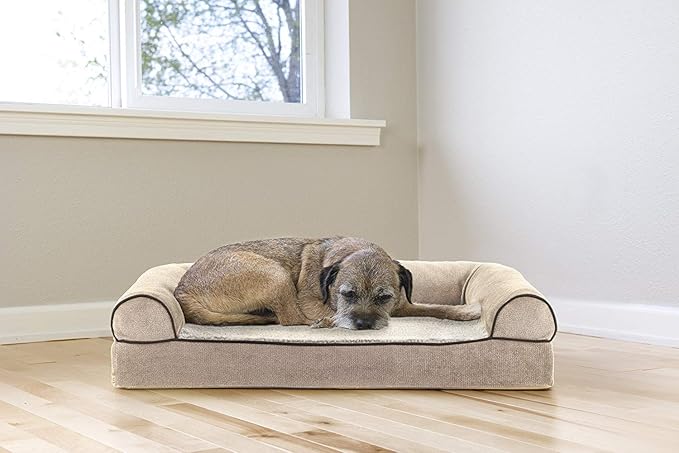 Furhaven Cooling Gel Dog Bed for Medium/Small Dogs w/ Removable Bolsters & Washable Cover, For Dogs Up to 35 lbs - Sherpa & Chenille Sofa - Cream, Medium-Mewly Pet