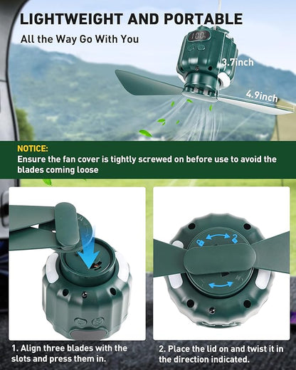 DUKUSEEK Tent Ceiling Fans for Camping, 10400mAH Large Capacity Portable Hanging Tent Fans with Light and Remote Control, USB Battery Operated Camping Fan for Canopy Tent Beach army green