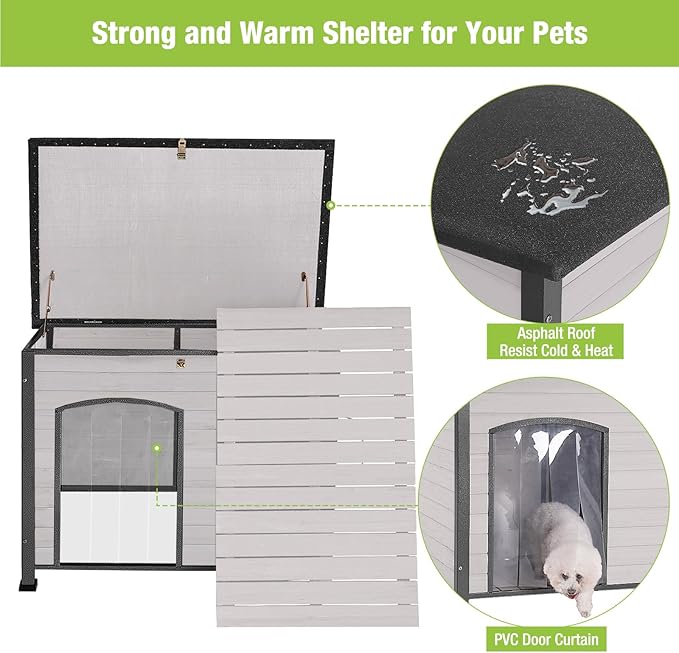 GUTINNEEN Chew Proof Dog House with Metal Iron Frame Outdoor Dog Kennel for Small Medium Large Indoor Dog Cage (43.3" L,Off-White Color)-Mewly Pet
