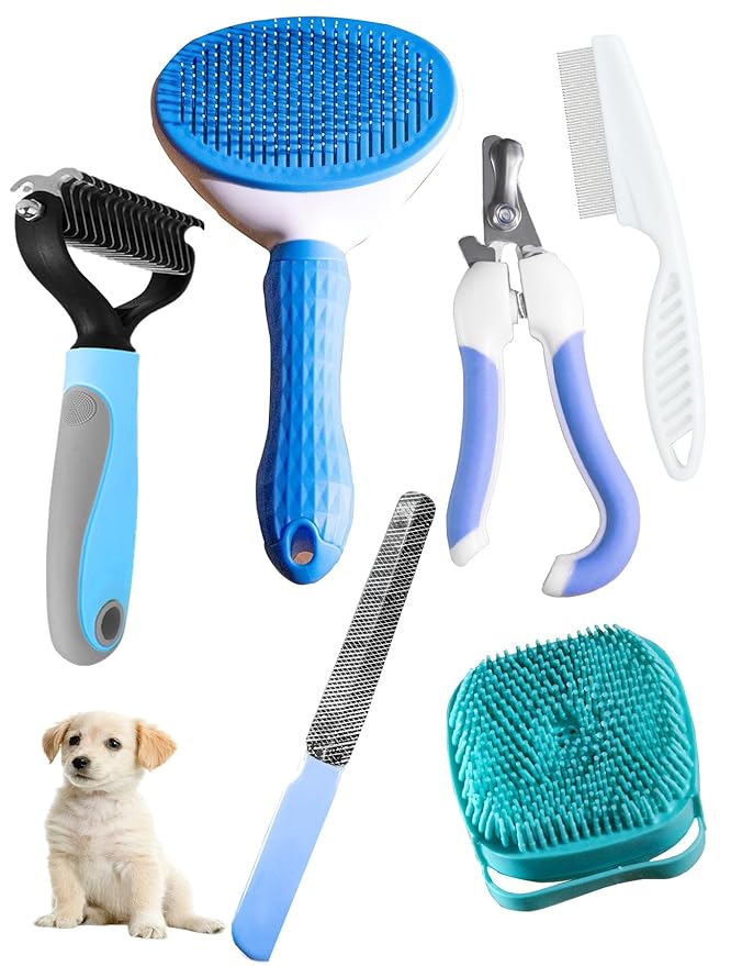 6ps Dog Cat Brush Grooming Kitf, Dog Cat Brushes, Bath Brush, Dematting Rake and Comb, Nail Clipper, Nail File, Flea Comb (Blue 6 Kits)-Mewly Pet