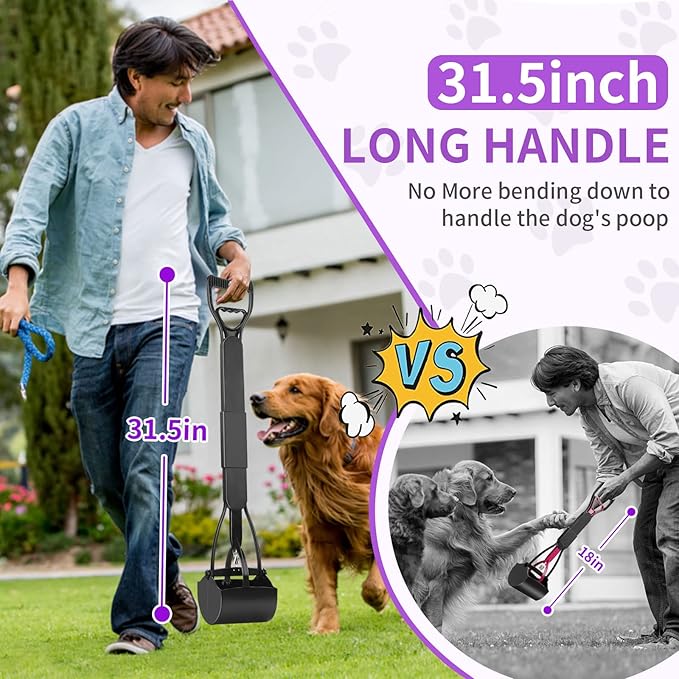 UPSKY 32'' Pooper Scooper for Large Small Dogs, Long Handle Dog Poop Scooper with Waste Bags, Portable Dog Poop Pick Up Tool, Folding Poop Scoop for Yard, Grass, Dirt, Gravel Black-Mewly Pet