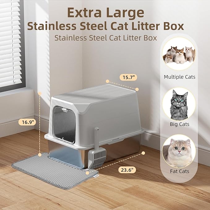 Stainless Steel Cat Litter Box with Lid, Extra Large, Great for Large & Small Cats, Easy to Clean, Anti-Leakage, Non-Sticky, Multifunctional 2 in-1 Metal Cat Litter Box - Light Gray-Mewly Pet