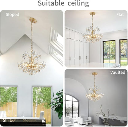 WUZUPS Crystal Chandelier Pendant Flushmount Ceiling Light Modern Lighting Fixture for Bedroom Hallway Bar Kitchen Bathroom, H 15.7" x W 17.7", Gold, E12 Base