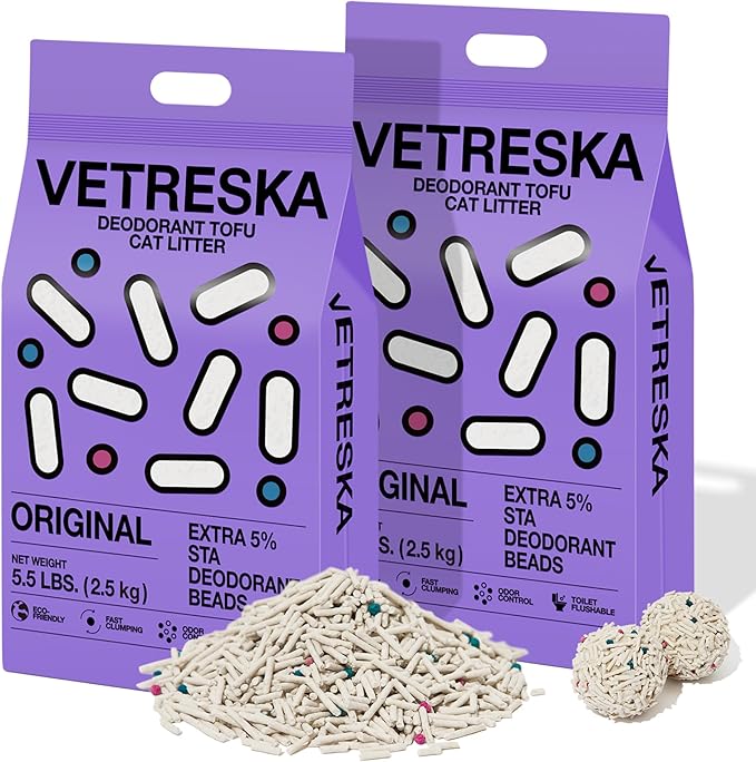 VETRESKA Tofu Cat Litter,Kitty Litter Flushable Strong Clumping Cat Litter Pellets Ultra Absorbent,Dust-Free Tofu Litter,Original(5.5lb×2bags)-Mewly Pet