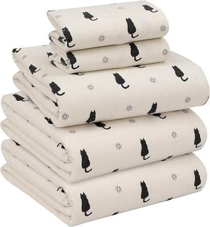 RUVANTI Flannel Sheets Split King Size - 100% Cotton Brushed Split King Bed Sheets Set, Deep Pockets 16 Inches, All Seasons Breathable & Extra Soft, Warm & Cozy, 5 Piece, Black Cat