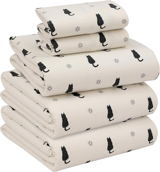 RUVANTI Flannel Sheets Split King Size - 100% Cotton Brushed Split King Bed Sheets Set, Deep Pockets 16 Inches, All Seasons Breathable & Extra Soft, Warm & Cozy, 5 Piece, Black Cat